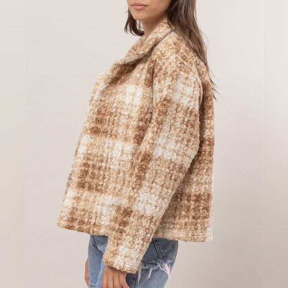 NWT HYFVE Brown Tan 90s Plaid Textured Cropped Boucle Jacket Coat - Picture 4 of 6